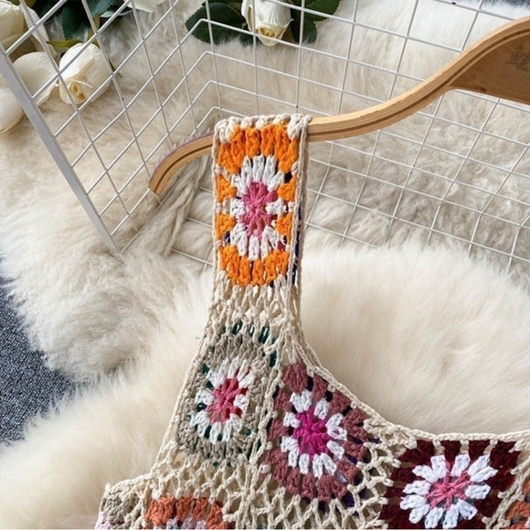 Boho Hawaiian Polynesian Multicolor Crochet Fringe Dress - Picture 3 of 6